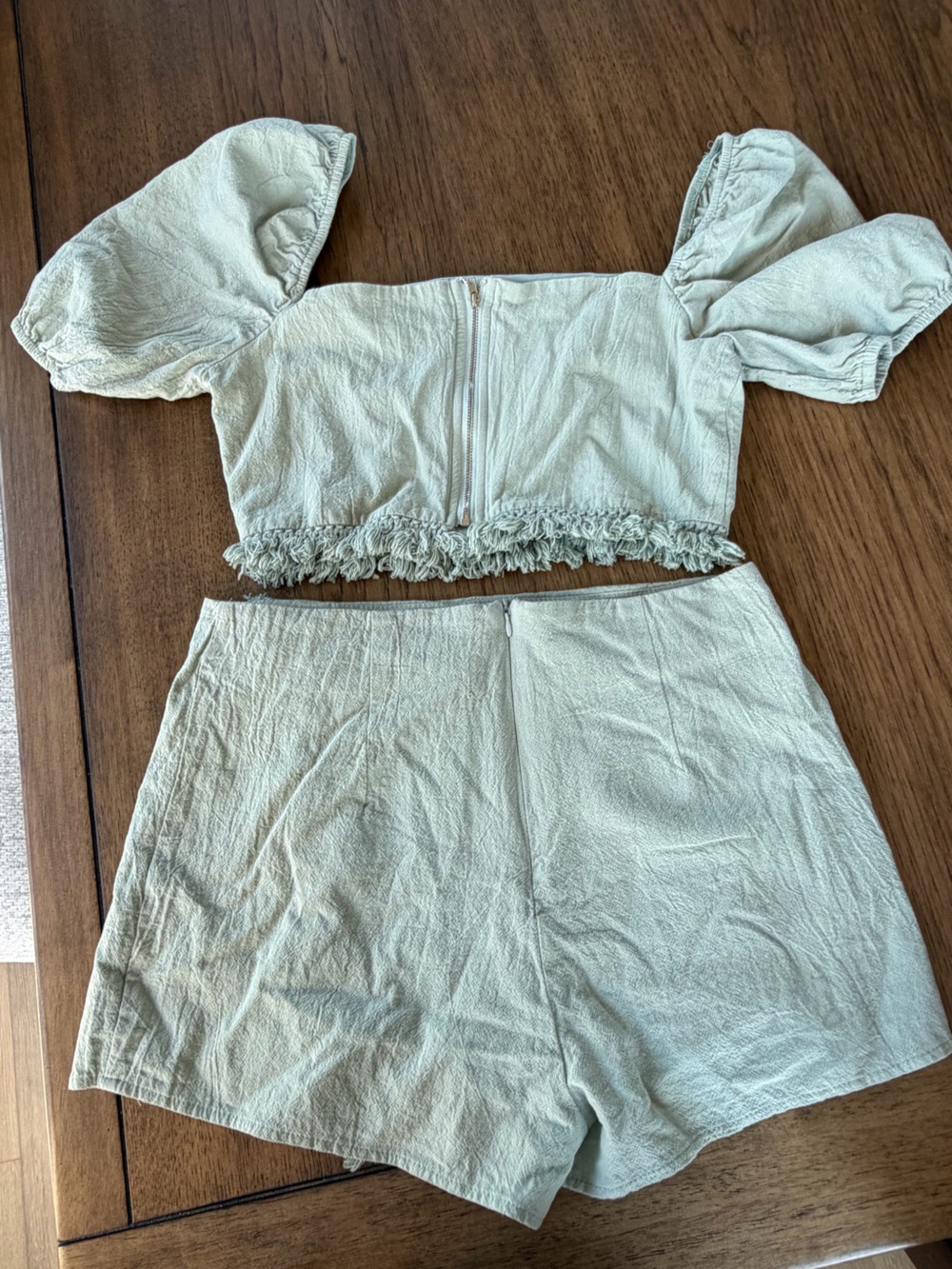 Blue Blush Two-Piece Fringe Trim Crop Top & Skort Set — Light Sage - Picture 6 of 8